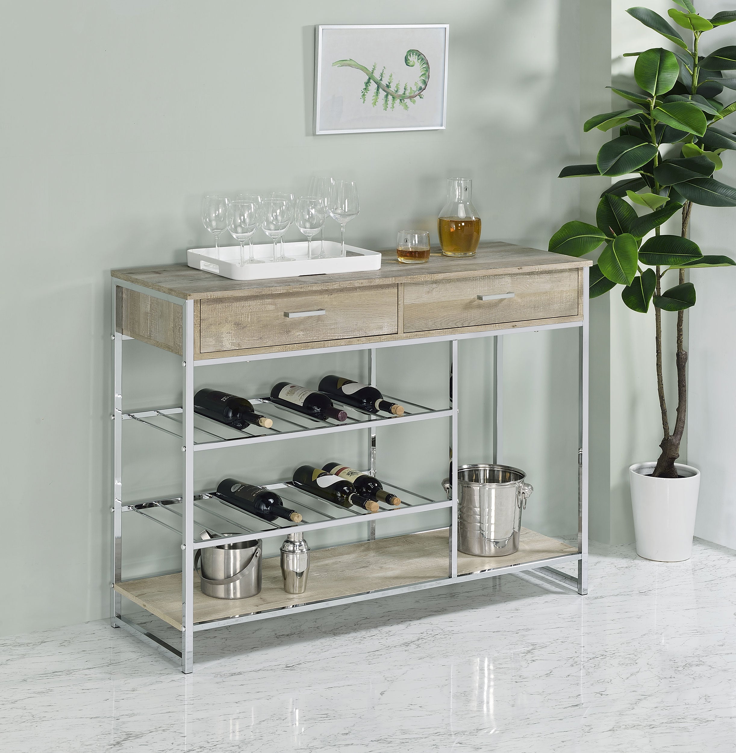 Melrose 2-shelf Wine Cabinet with 2 Drawers Gray Washed Oak and Chrome image