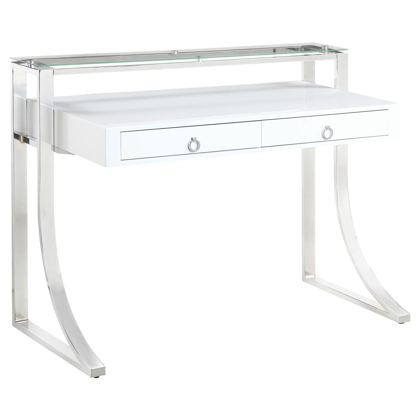 Gemma 2-drawer Writing Desk Glossy White and Chrome