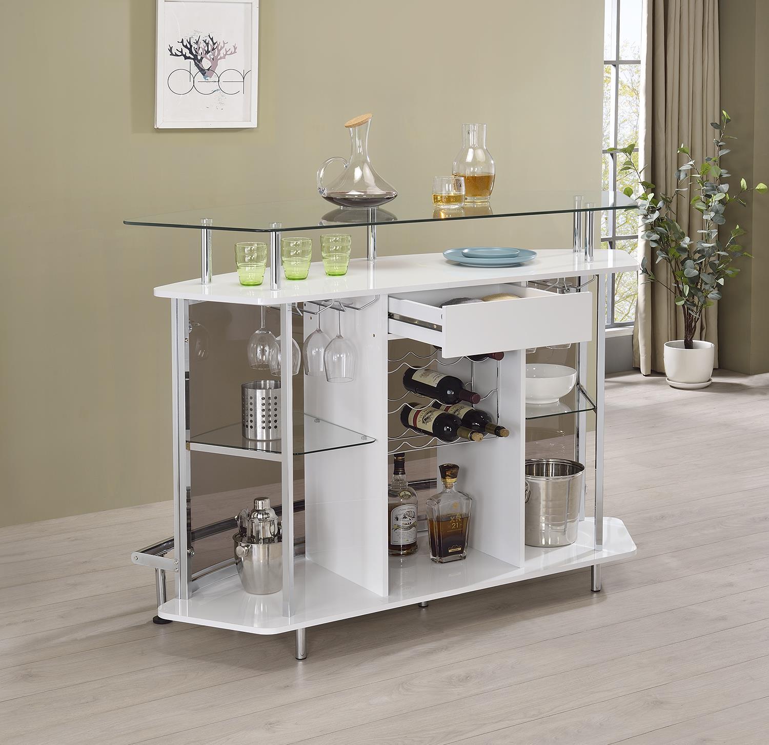 Gideon Crescent Shaped Glass Top Bar Unit with Drawer